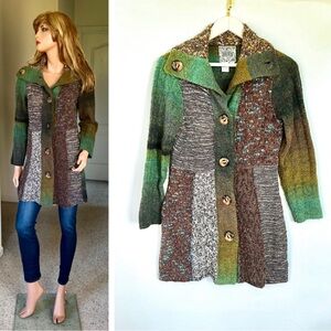 Anthropologie Curio Green and Brown Cardigan Boho Sweater with Patchwork Design